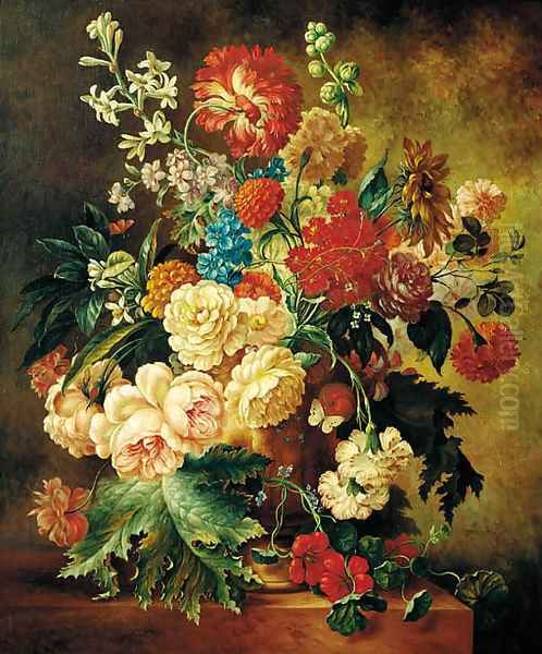 Summer flowers in an urn on a ledge Oil Painting by Dutch School