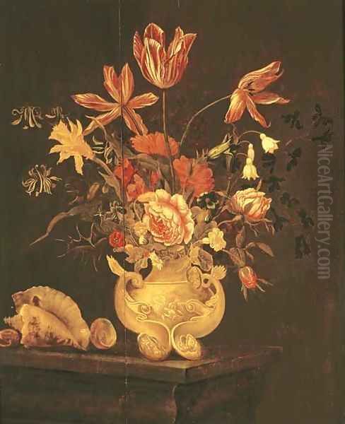 Tulips, roses, a daffodil and other flowers in a sculpted urn with shells on a table ledge Oil Painting by Dutch School