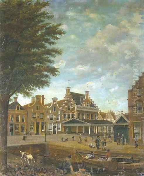 A canal in a Dutch town with merchants loading a vessel and other figures strolling in the streets Oil Painting by Dutch School