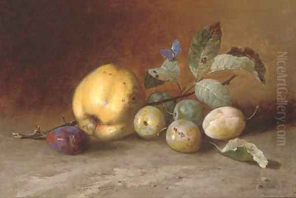 A cooking apple, plums and a butterfly Oil Painting by Dutch School