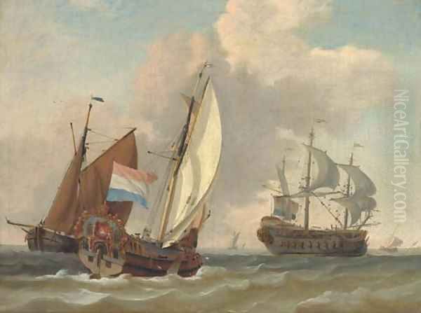 A Dutch Admiralty yacht running out to meet the flagship arriving at her anchorage Oil Painting by Dutch School