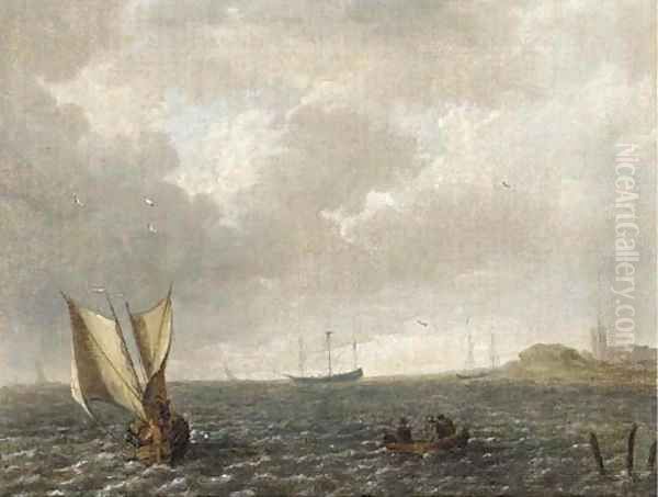 A Dutch smalschip under goose-wing rig off the Dutch coast Oil Painting by Dutch School