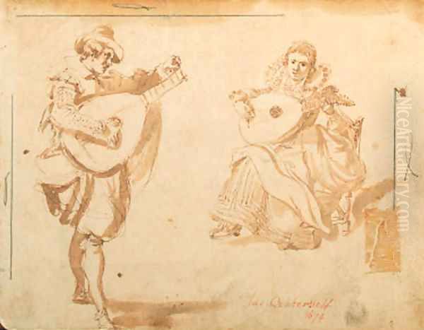 A figure tuning his lute, a seated female lute player behind Oil Painting by Dutch School