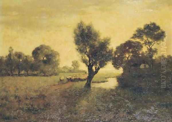 A flock by a river at dusk Oil Painting by Dutch School