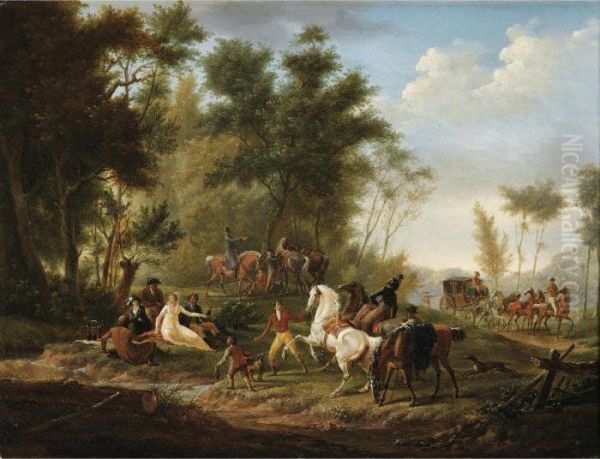 Halte De Cavaliers Et D'elegants Pres D'une Riviere Oil Painting by Joseph Swebach-Desfontaines