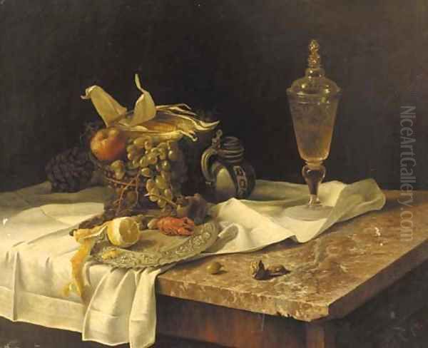 A lobster, fruit, a jug and a vessel of wine on a marble table Oil Painting by Dutch School