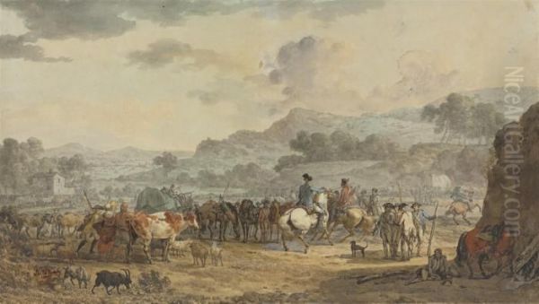 Cavalry In A Valley Rounding Up A Group Of Peasants And Theirlivestock Oil Painting by Joseph Swebach-Desfontaines