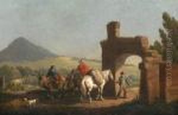 Paesaggio Con Cavalieri Dinanzi Alle Rovine Di Una Porta In Pietra Oil Painting by Joseph Swebach-Desfontaines