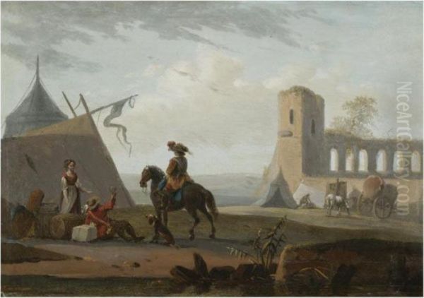 A Military Encampment With Figures Resting In The Foreground Oil Painting by Joseph Swebach-Desfontaines