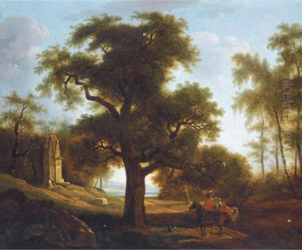 A Landscape With A Crowned Lady 
Praying At A Shrine, Her Escort Waiting On Horseback Beneath A Tree Oil Painting by Joseph Swebach-Desfontaines