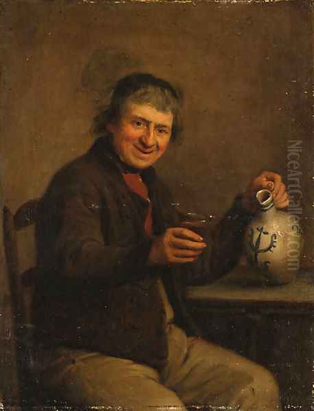 A seated Peasant drinking in an Interior Oil Painting by Dutch School