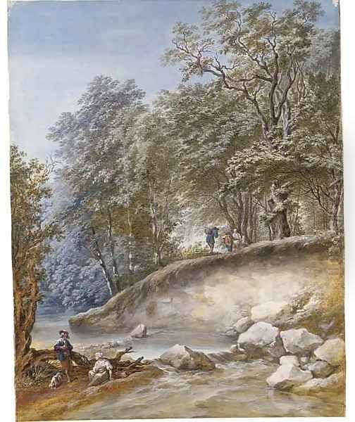 A stream through a wood with travellers by a ford Oil Painting by Dutch School