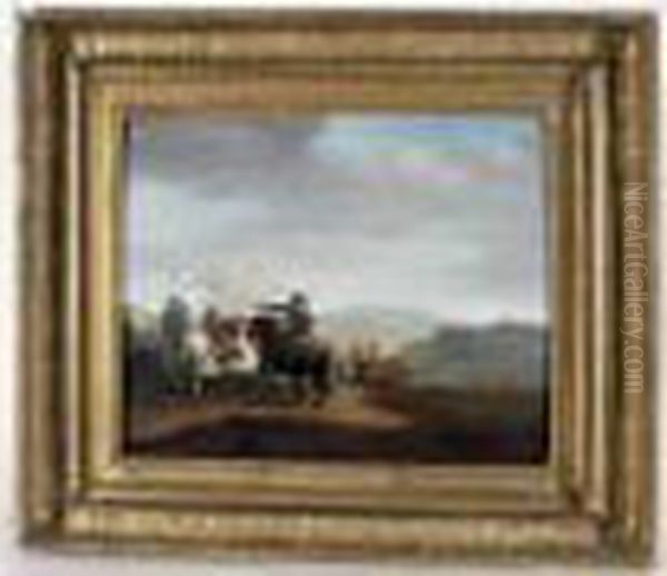 Combat De Cavalerie Paire 
D'huiles Sur Panneau De Noyer. Haut. : 28,5 Cm - Larg. : 35,5 Cm. Cadres
 Dores D'origine En Chene, Les Feuillages En Composition Oil Painting by Joseph Swebach-Desfontaines