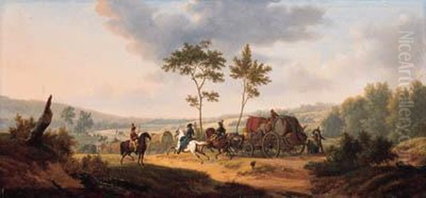 An Extensive Wooded Landscape With Cavalrymen Escorting A Wagontrain Oil Painting by Joseph Swebach-Desfontaines