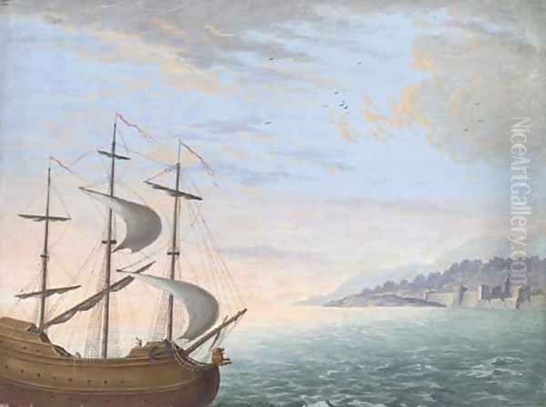 A three-masted ship sailing near the coast Oil Painting by Dutch School