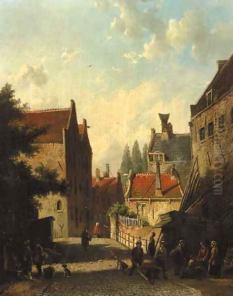 A view in a city with townsfolk conversing in the street Oil Painting by Dutch School