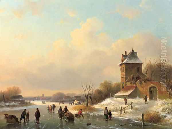 A winter landscape with skaters by a fortified mansion Oil Painting by Dutch School