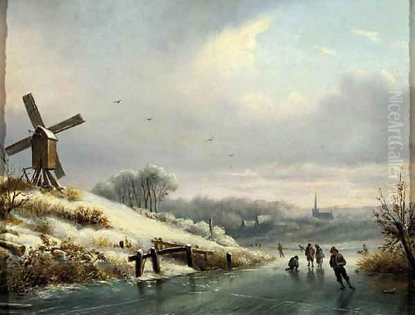 A winter landschape with skaters on a frozen waterway Oil Painting by Dutch School