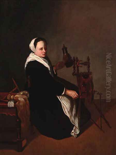 A woman spinning in an interior Oil Painting by Dutch School