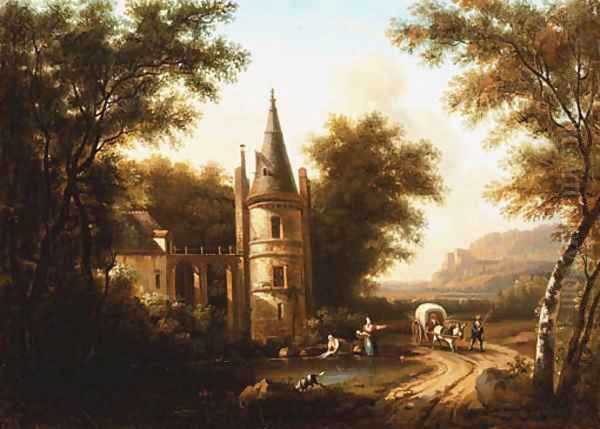 A wooded river Landscape with a horse-drawn Wagon on a Path, and Washerwomen on the Shore by a turreted Villa Oil Painting by Dutch School