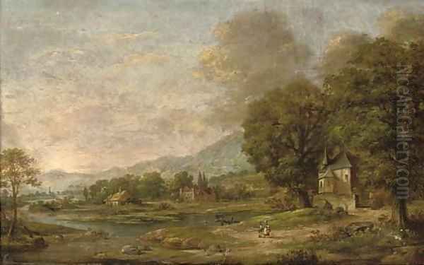 An extensive wooded river landscape with figures in the foreground Oil Painting by Dutch School