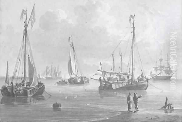 Dutch smalschips in a crowded anchorage Oil Painting by Dutch School