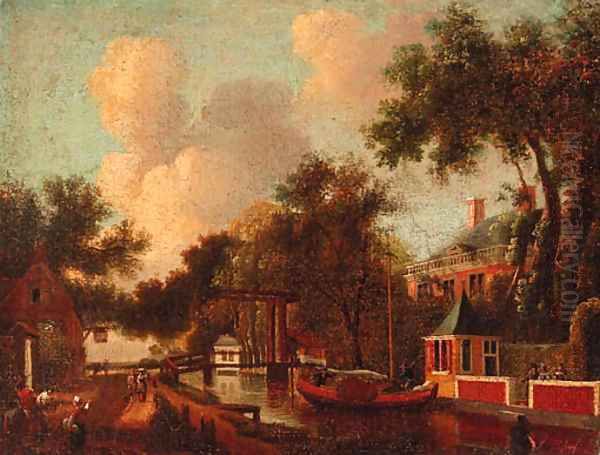 Figures by a canal, a house beyond Oil Painting by Dutch School