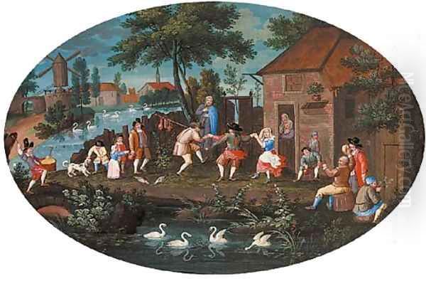 Figures carousing before an inn in a Dutch landscape Oil Painting by Dutch School