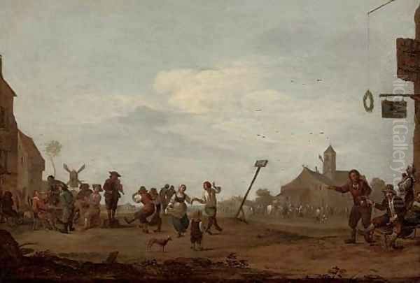 Figures dancing in a village square Oil Painting by Dutch School