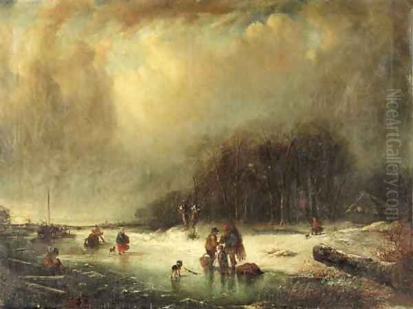 Figures in a frozen landscape Oil Painting by Dutch School