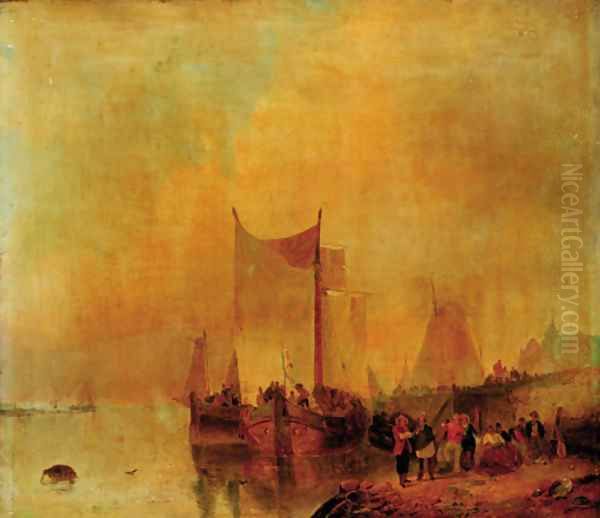 Figures on a quay Oil Painting by Dutch School