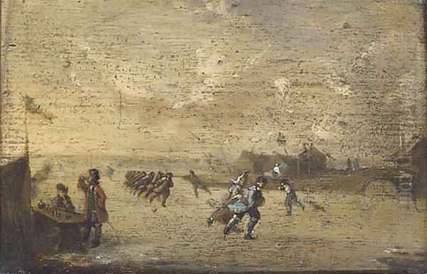 Figures skating on a frozen river before a bridge Oil Painting by Dutch School