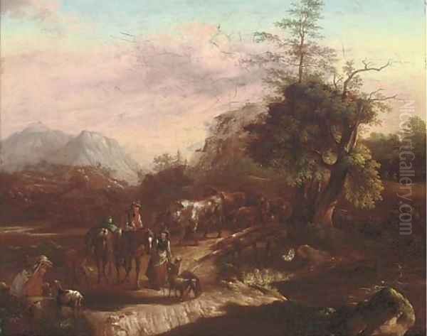 Herding cattle over a bridge, an extensive landscape beyond Oil Painting by Dutch School