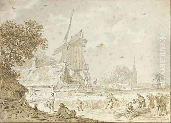 Landscape with farmers haying near a windmill and a farmhouse, a town beyond Oil Painting by Dutch School