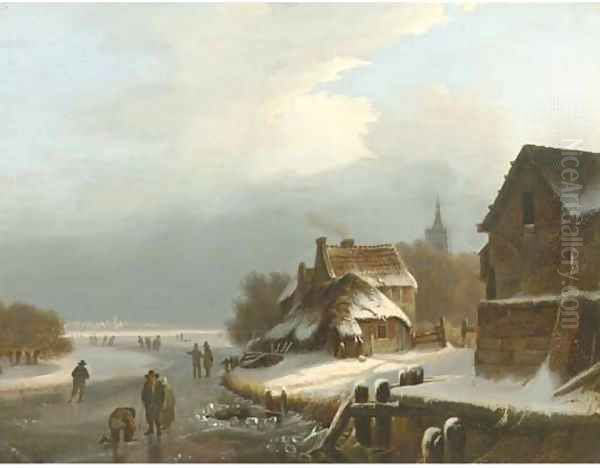 On the ice by a Dutch village Oil Painting by Dutch School