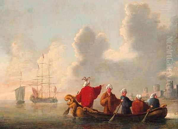 Orientals in a rowing boat, a man-o'-war and a coastal fort beyond Oil Painting by Dutch School