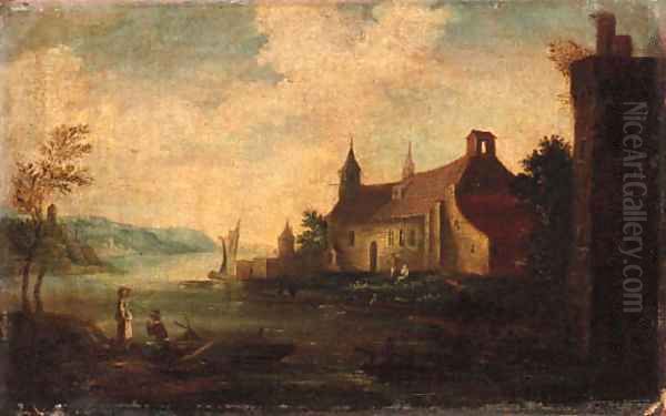 Peasants by a Church beside a River Oil Painting by Dutch School