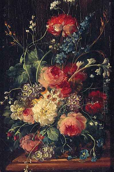 Roses, Delphiniums, Primulas And Narcissus In A Vase On A Ledge Oil Painting by Dutch School