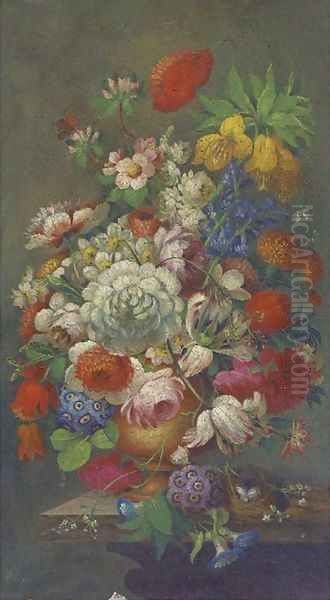 Roses, tulips, apple blossom, honeysuckle, narcissae and other summer flowers in a ewer by a birds' nest on a marble plinth Oil Painting by Dutch School