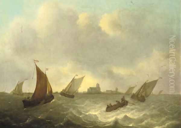 Shipping in choppy waters, a town beyond Oil Painting by Dutch School