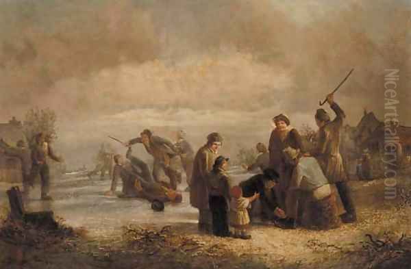 Skaters on a frozen lake Oil Painting by Dutch School