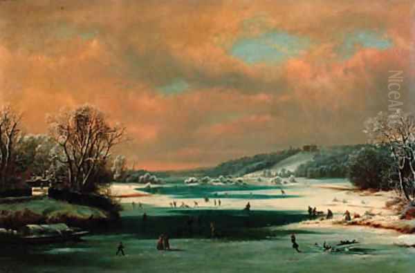 Skaters on a frozen river Oil Painting by Dutch School