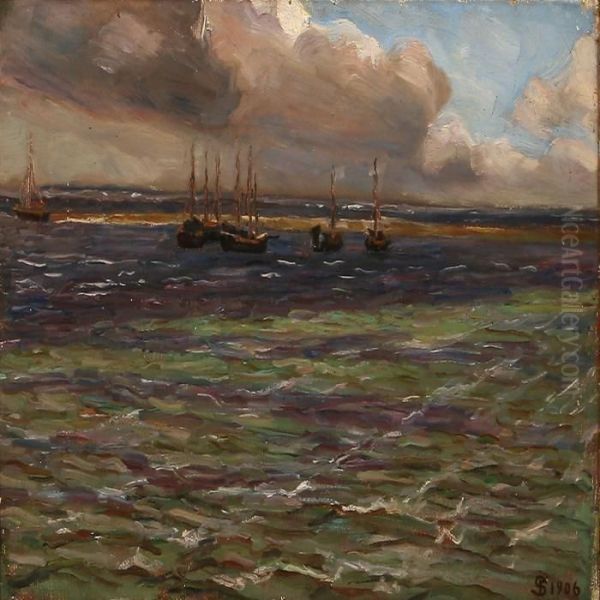 Fiord Scene With Sailing Ships, Presumably At Funen Island by Fritz Syberg