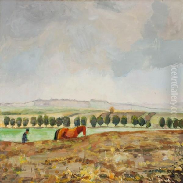 Autumn Landscape With Working Farmer Oil Painting by Fritz Syberg