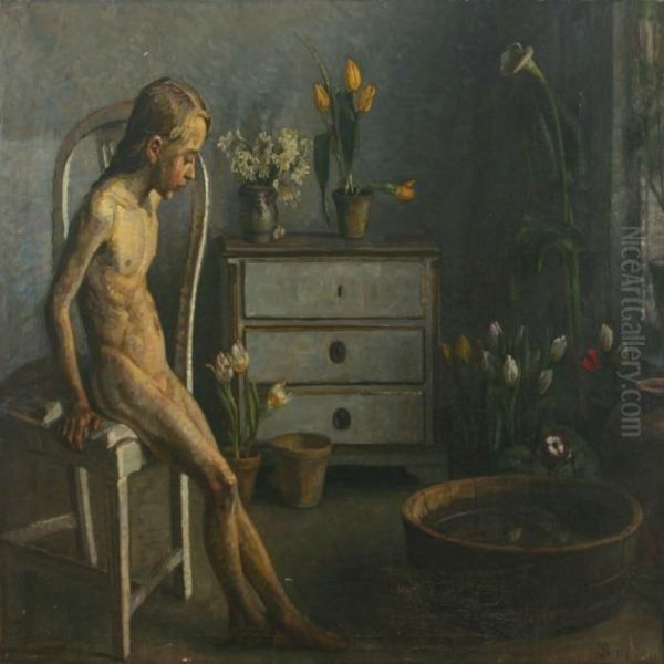 Interior With Girl And Flowers Oil Painting by Fritz Syberg