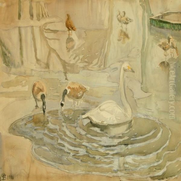 Swan, Geese And Ducks Ina Pond Oil Painting by Fritz Syberg