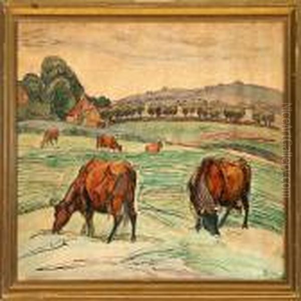 Scenery With Grazingcows Oil Painting by Fritz Syberg