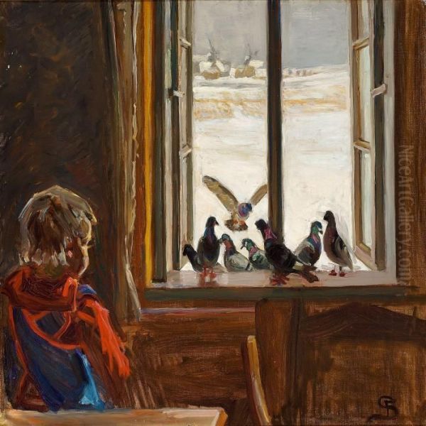 The Painter's Daughter Is Watching The Pigeons In The Window Sill Oil Painting by Fritz Syberg