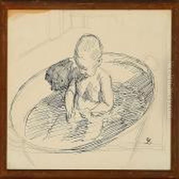 One Of The Artist's Children In A Bath Oil Painting by Fritz Syberg