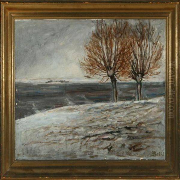 Willow Trees In The Snow On The Banks Of Kerteminde Fiord Oil Painting by Fritz Syberg